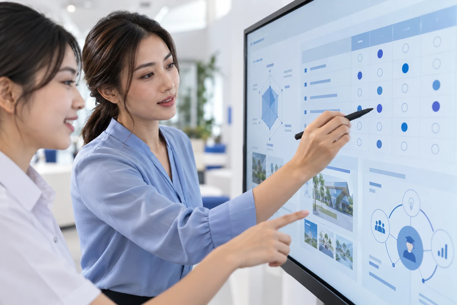 AI concept illustration: reviewing evidence and giving feedback on a matte touchscreen