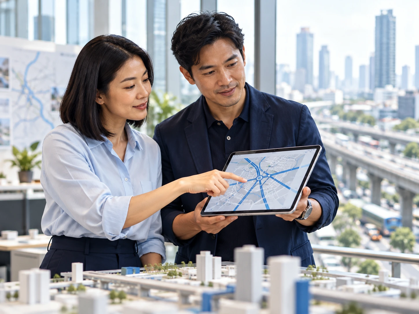Transport planners using a tablet in a city · AI-generated illustration