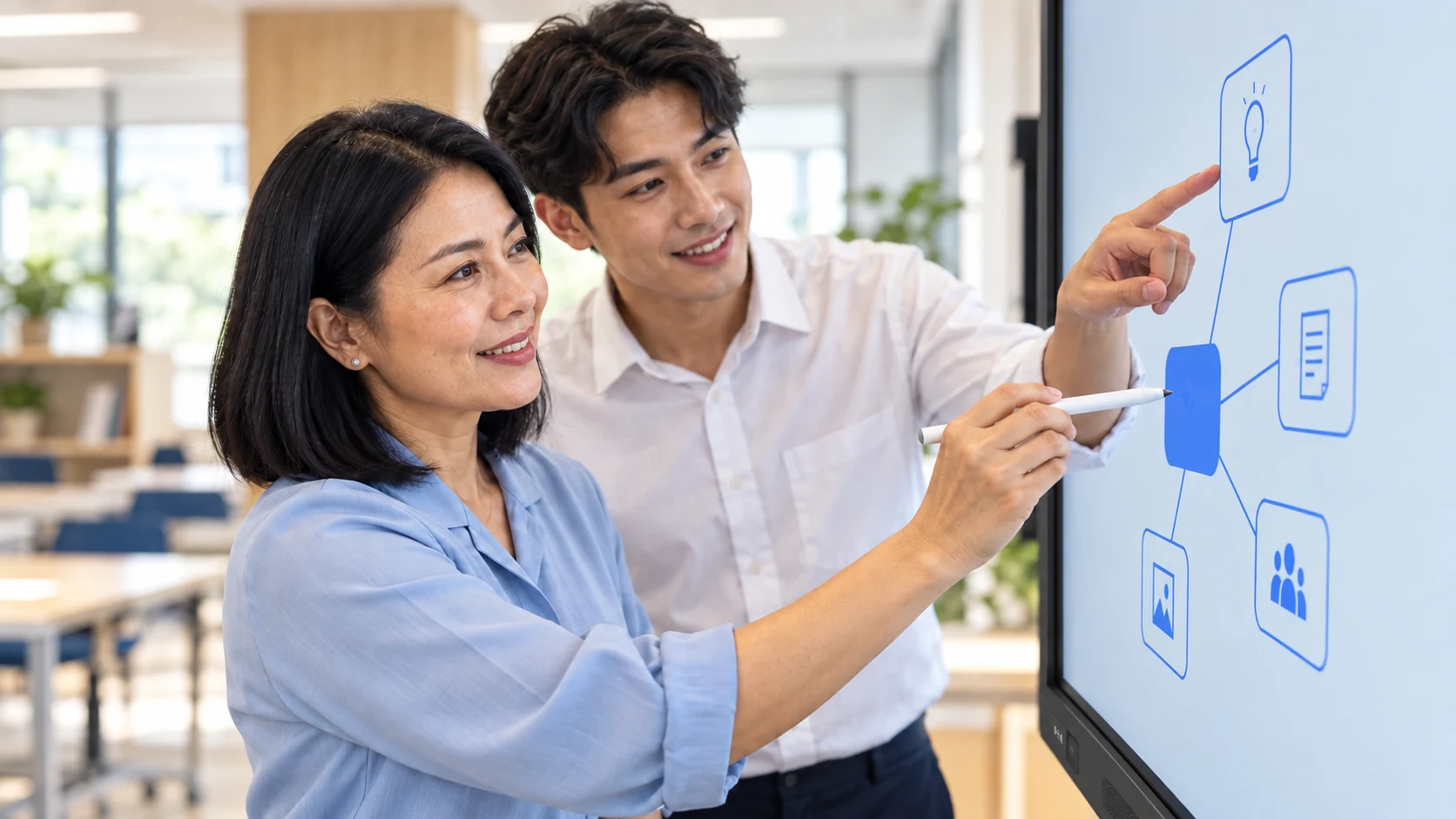 ผู้สอนให้คำแนะนำขณะผู้เรียนใช้จอสัมผัส · ภาพประกอบสร้างด้วย AI
