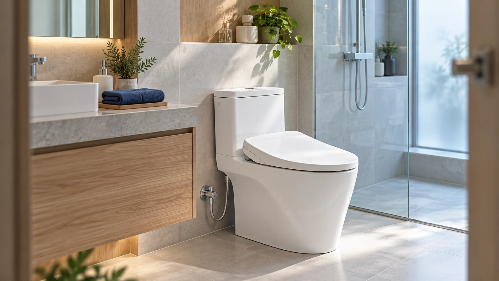 AI-generated illustration: Illustrative bathroom and smart-seat concept, not a representation of a specific product model
