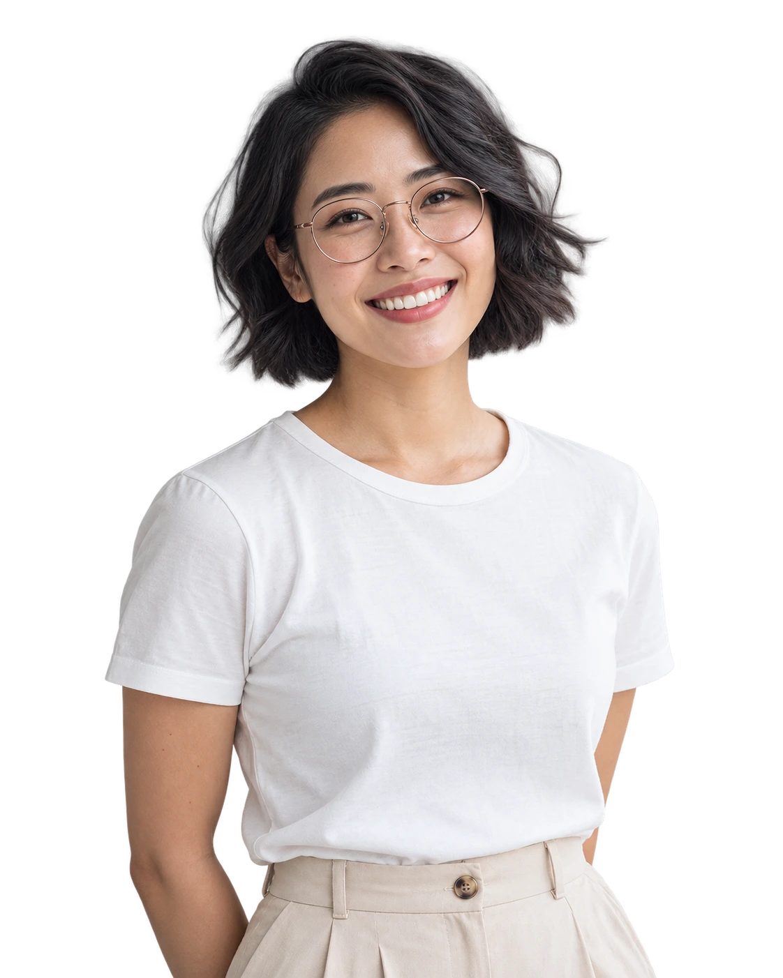 AI-generated illustration: A smiling woman with short hair and glasses