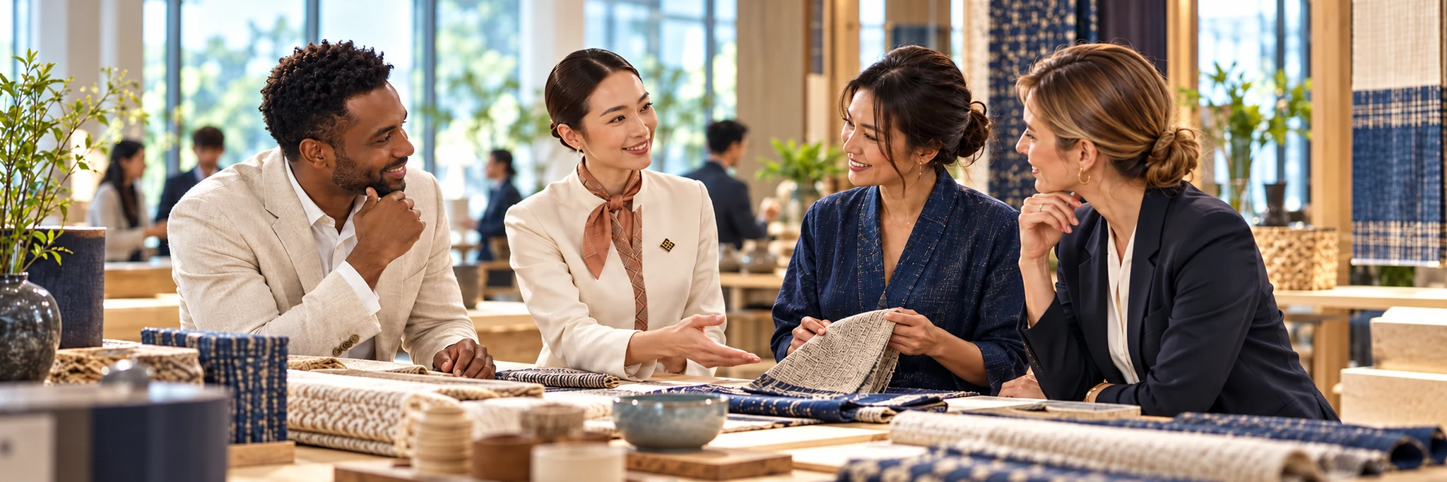 ภาพแนวคิดเจ้าบ้าน SĀN ในชุดครีมและผ้าพันคอร่วมพูดคุยจับคู่ธุรกิจกับผู้ประกอบการหลายประเทศและพิจารณาตัวอย่างสิ่งทอ