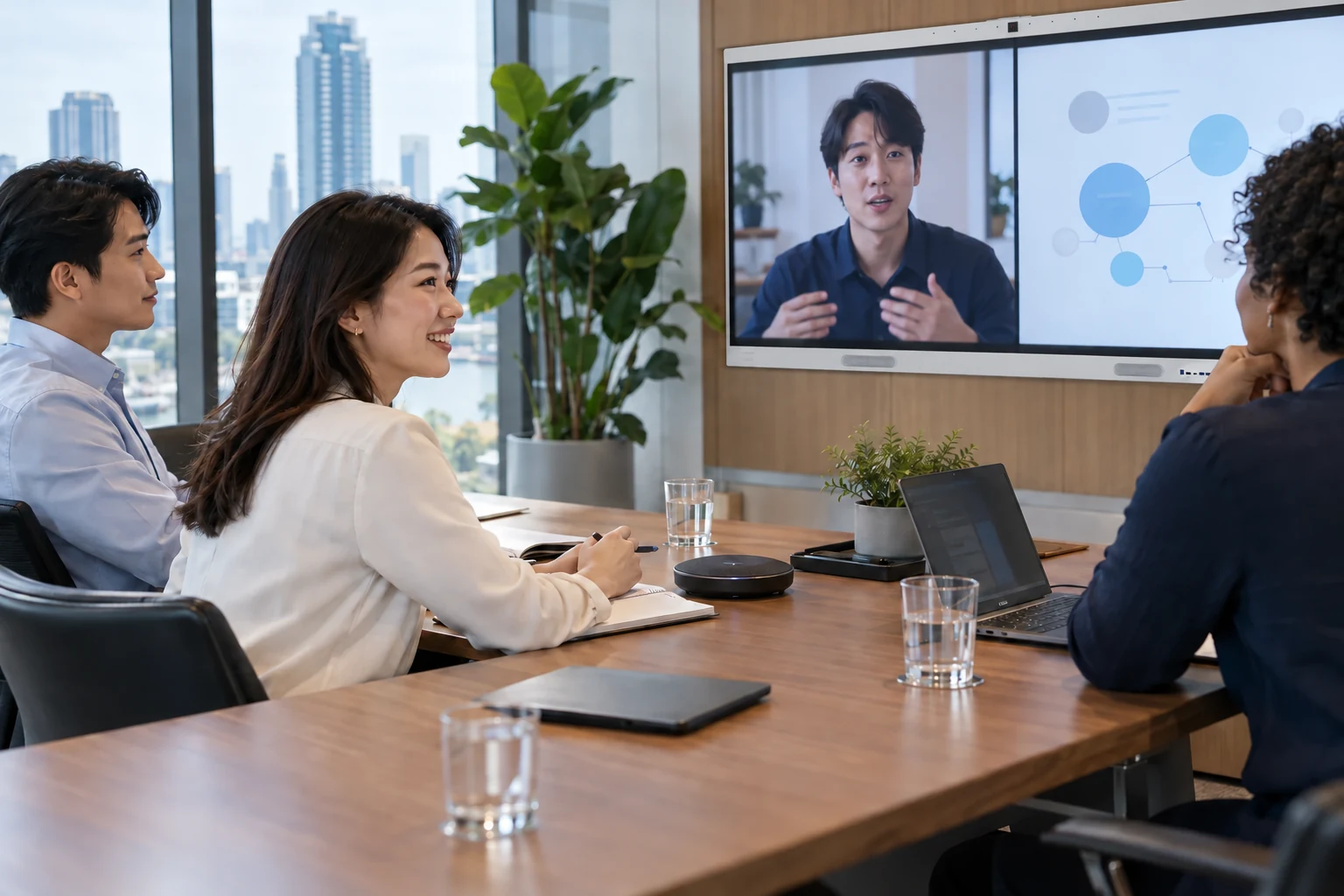 ทีมในห้องประชุมพูดคุยกับเพื่อนร่วมงานผ่านวิดีโอ · ภาพประกอบสร้างด้วย AI