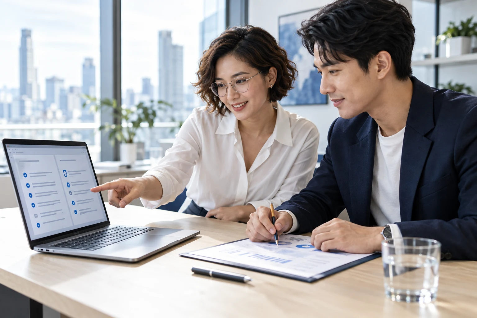 เพื่อนร่วมงานตรวจข้อมูลบนแล็ปท็อปเทียบกับเอกสาร · ภาพประกอบสร้างด้วย AI