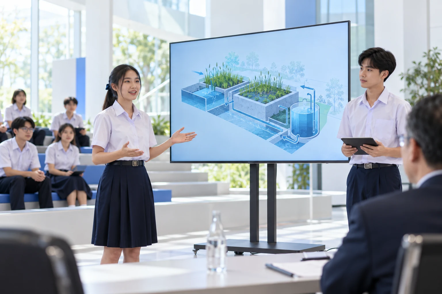 AI concept illustration: Thai secondary students presenting a project to an evaluator