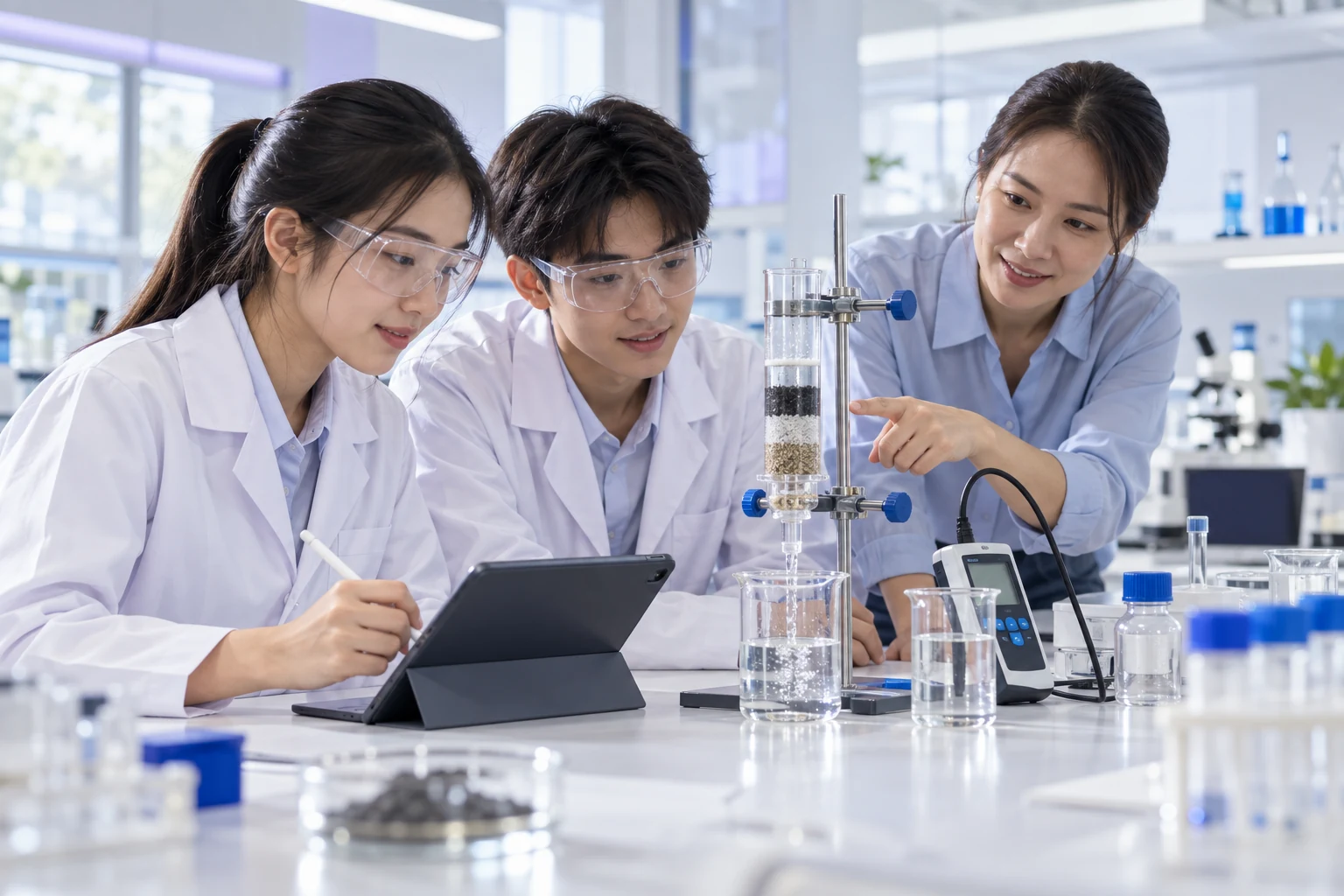 AI concept illustration: students conducting an experiment and recording evidence with a mentor